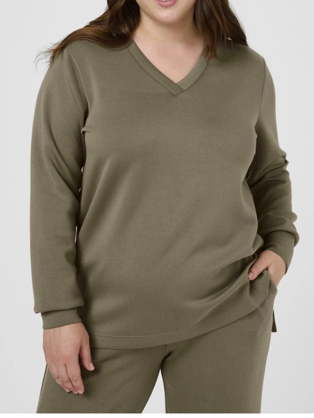 KAFFE Curve KCannita V-Neck Sweatshirt Morel Olive Taupe Size 12 New